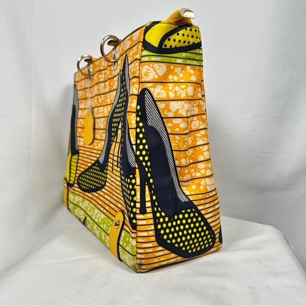 Halo & Way Ankara Wax Print Leather Tote Yellow Green Heels Bag Boho Retro Y2K - Picture 4 of 12